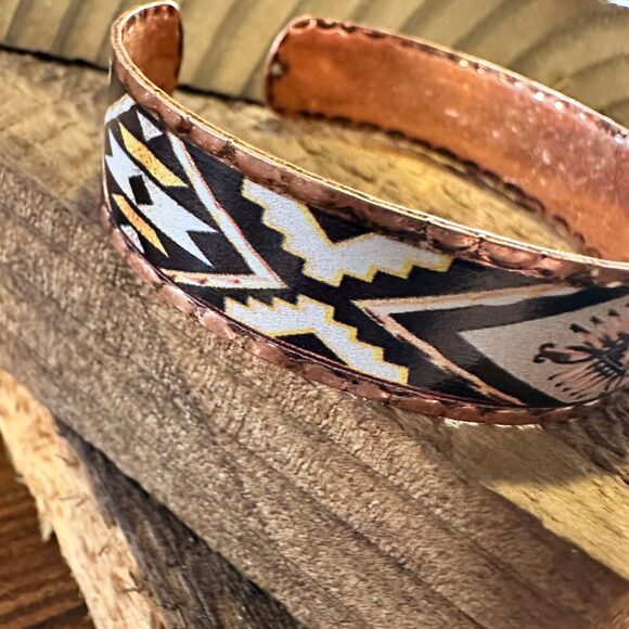 Handmade Boho Native American Navajo Copper Narrow Cuff Bracelet, Navy Yellow, - Picture 5 of 11